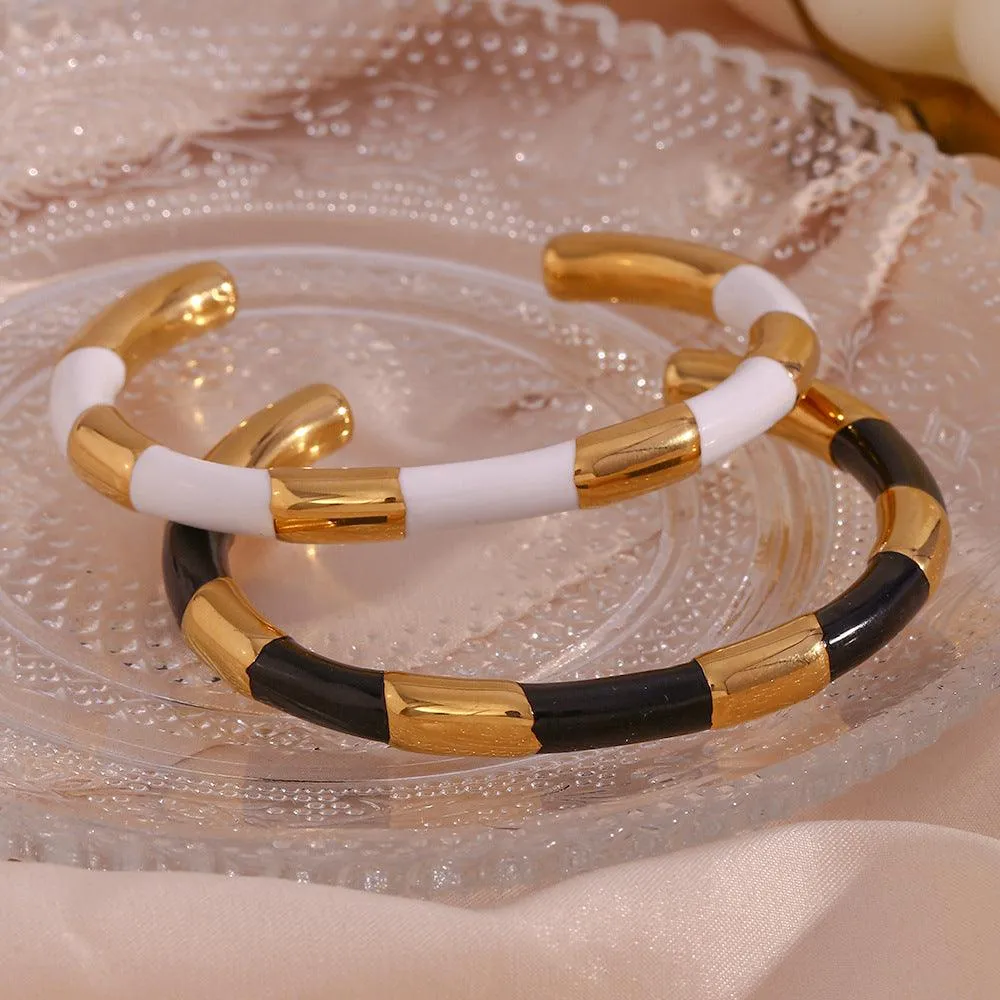 Trendy Geometric Gold and Black/White Bangle Bracelets – Link Bracelets for Women