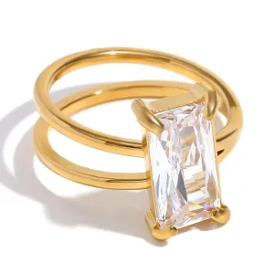 Trendy Gold Stainless Steel Ring with Geometric Cubic Zirconia – Perfect for Anniversaries