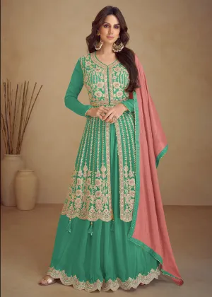 Trendy Green Embroidered Anarkali Style Palazzo Suit