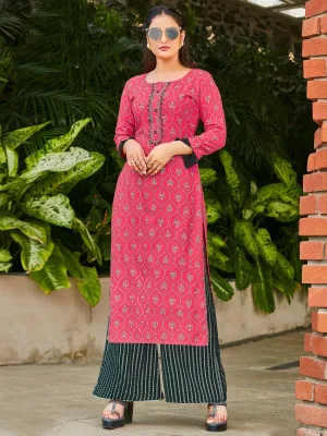 Trendy Pink Slub Rayon Kurti With Palazzo Pants