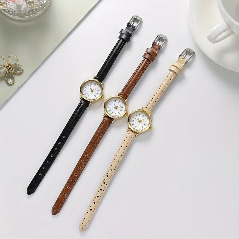 Trendy PU Leather Analog Watch with Retro Rome Design for Women