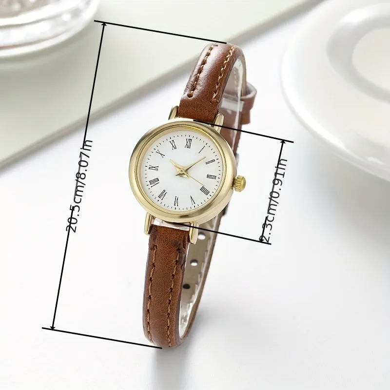 Trendy PU Leather Analog Watch with Retro Rome Design for Women