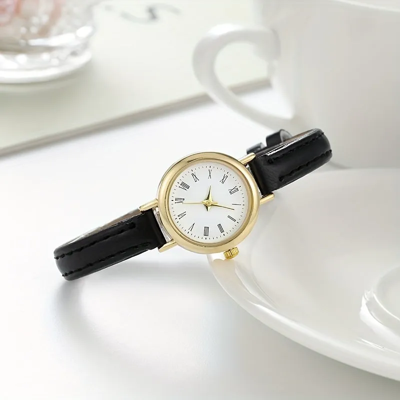 Trendy PU Leather Analog Watch with Retro Rome Design for Women