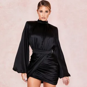 Trendy Satin High Neck Balloon Sleeve Party Mini Dress - Black