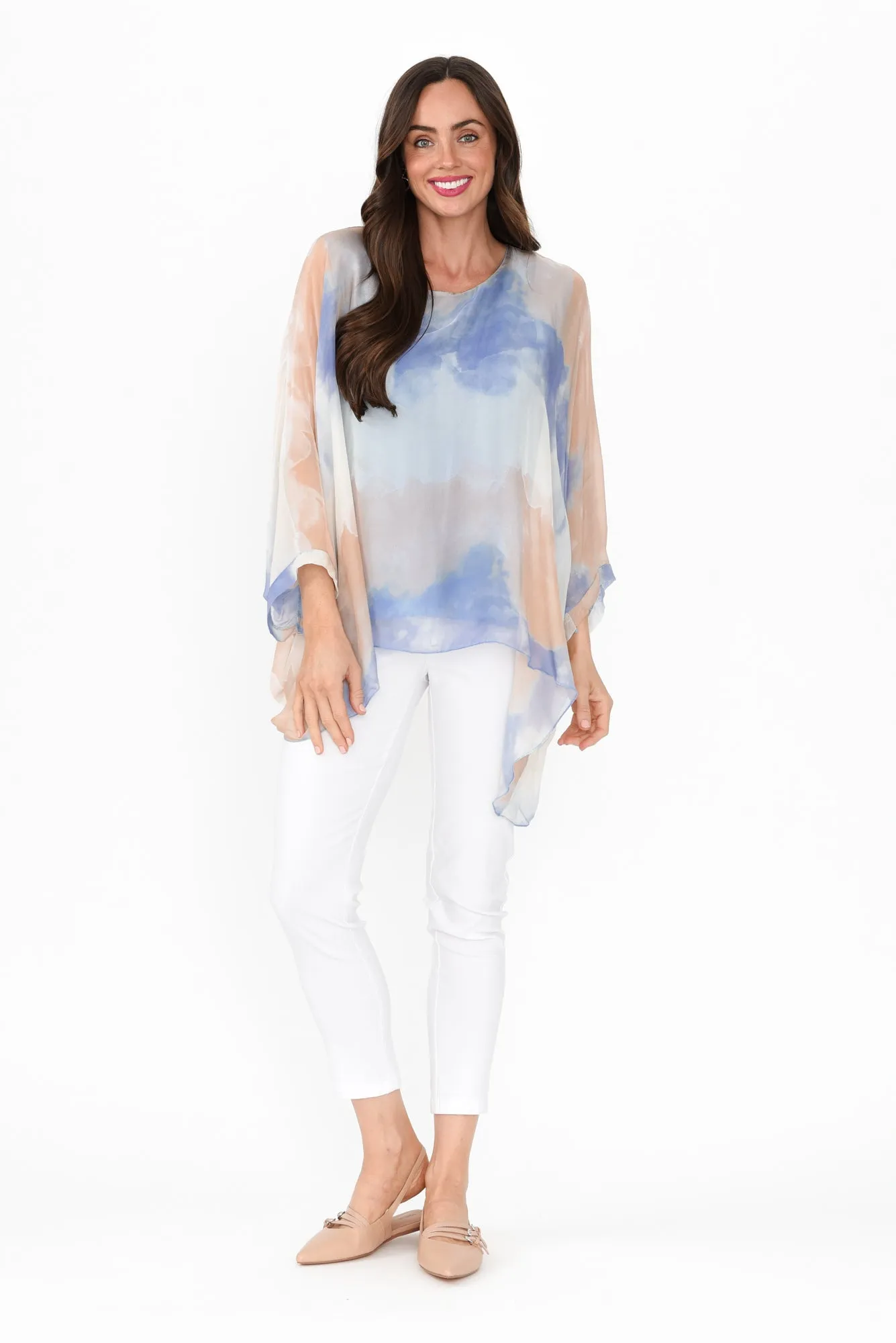 Trevino Blue Watercolour Silk Overlay Top