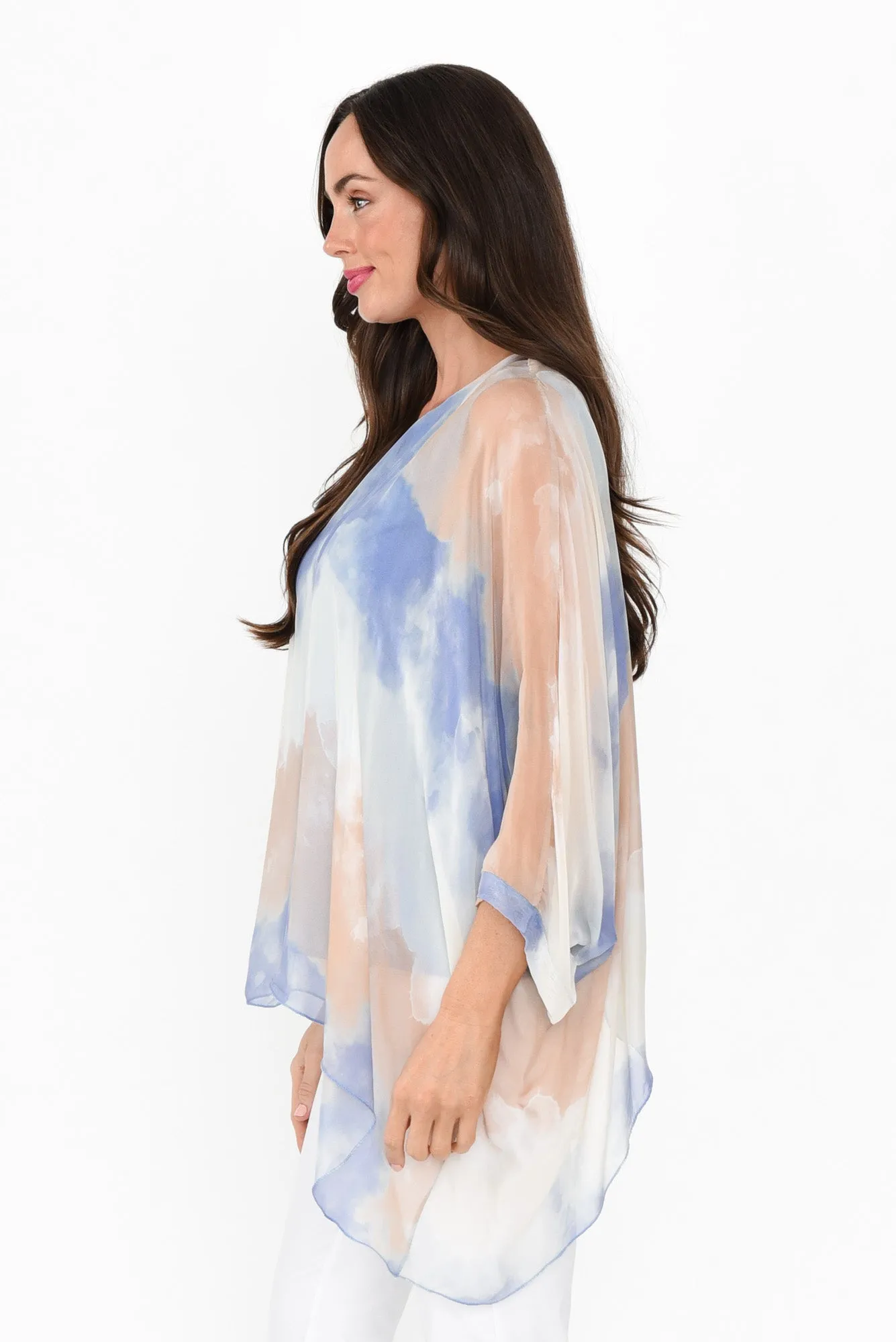 Trevino Blue Watercolour Silk Overlay Top