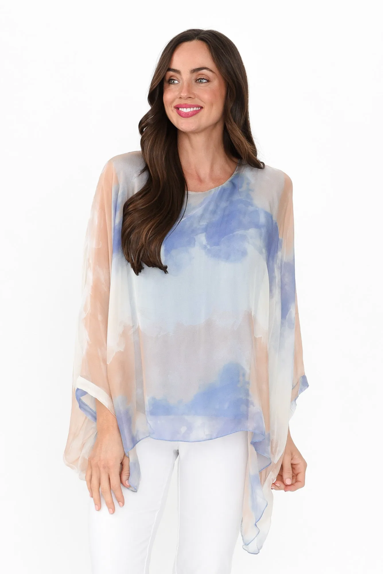 Trevino Blue Watercolour Silk Overlay Top