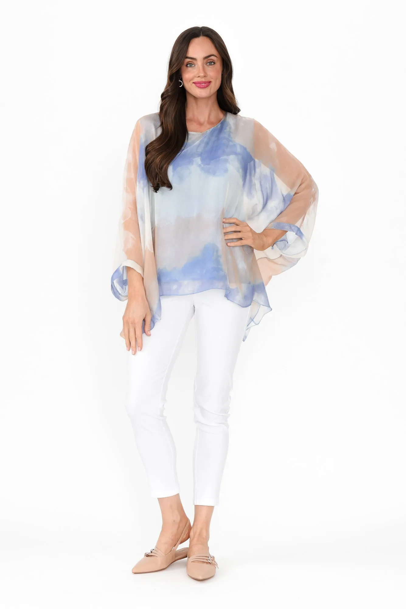 Trevino Blue Watercolour Silk Overlay Top