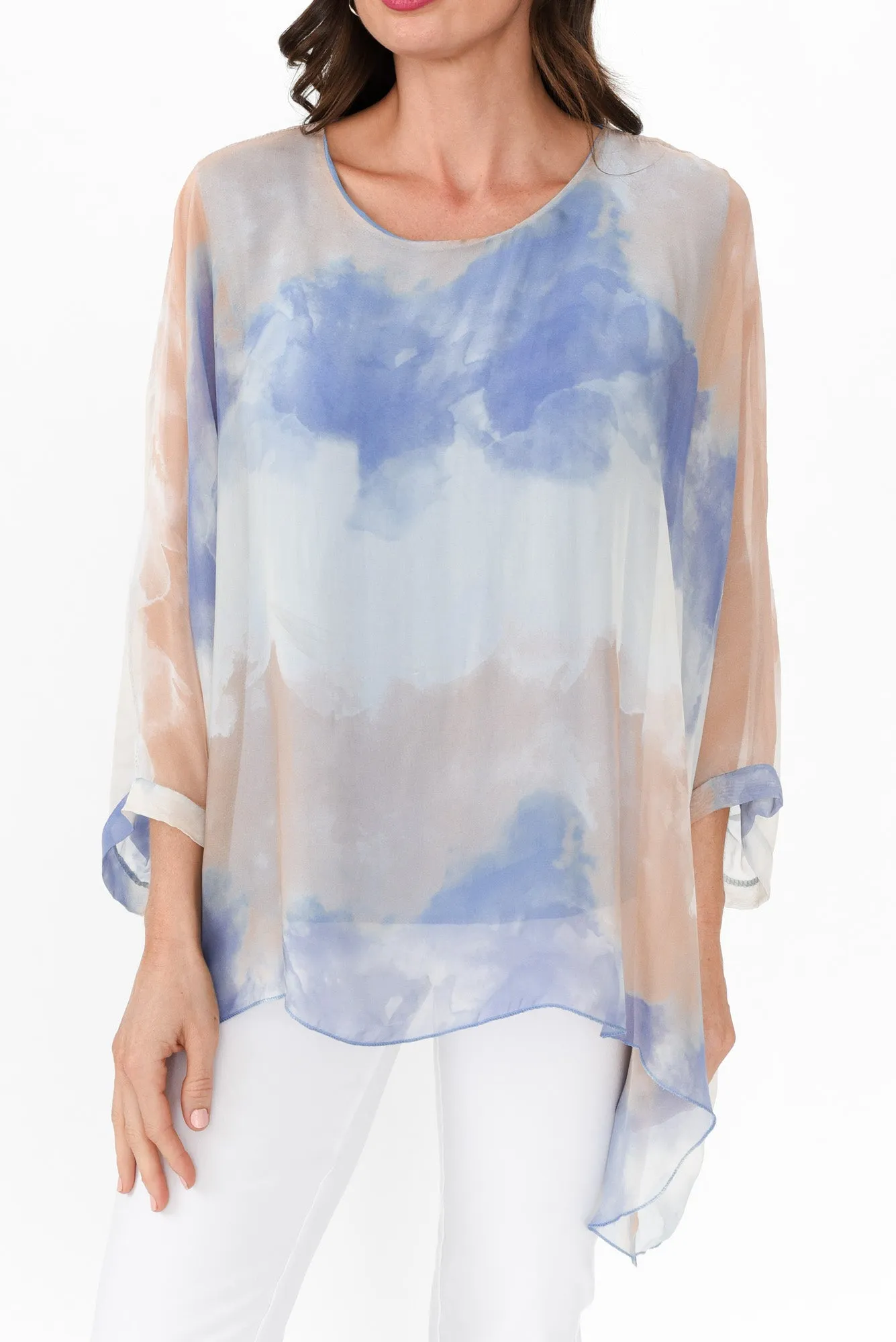 Trevino Blue Watercolour Silk Overlay Top