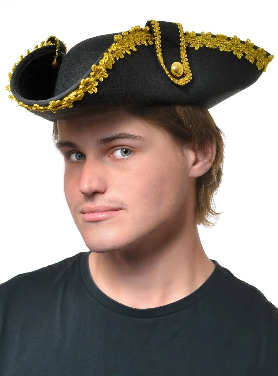 Tricorn Pirate Captain Deluxe Black and Gold Costume Hat