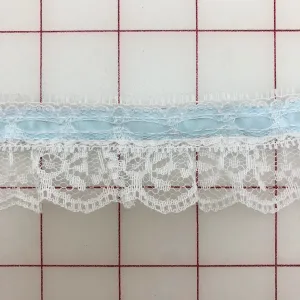 Trim - 1.75-inch Ruffled Lace White with Light Blue Ribbon