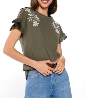 Tropical Flower Embroidery T-Shirt Khaki