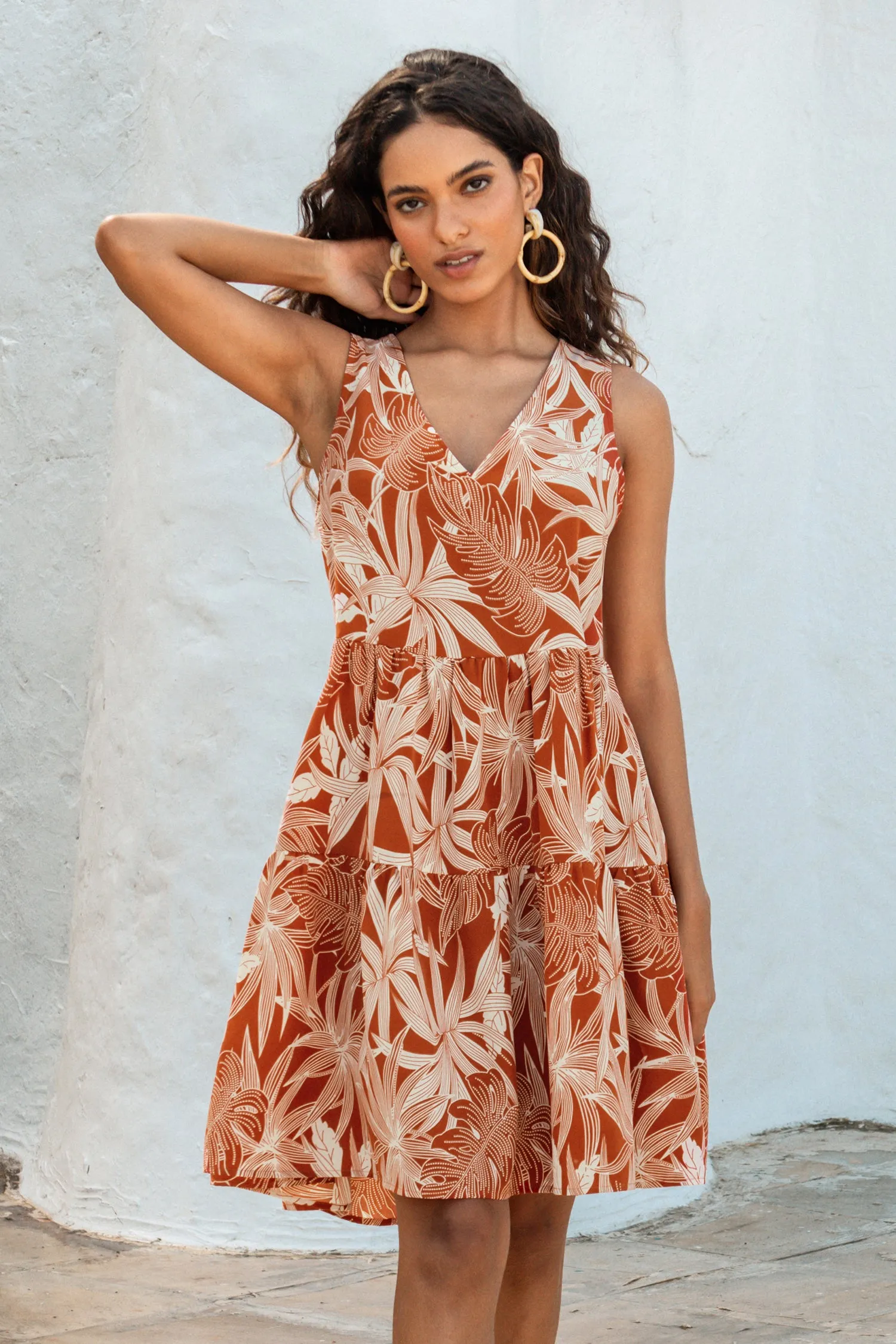 Tropical Leaf Tiered Flounce Mini Dress