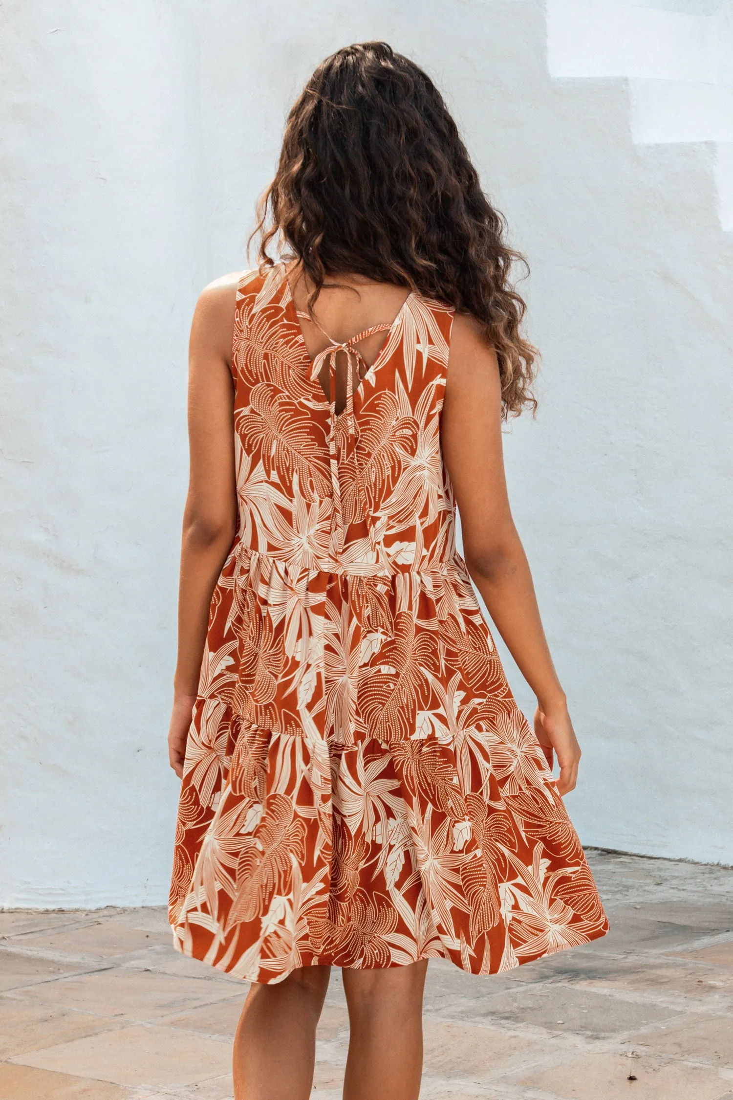 Tropical Leaf Tiered Flounce Mini Dress