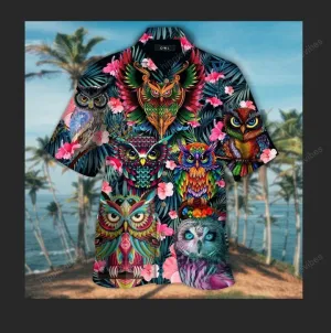 Tropical Pink Flower With Colorful Owl Design Hawaiian Shirt