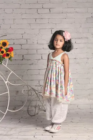 Tropical Print Gathered Kurta and Off-White Salwar Set for Girls