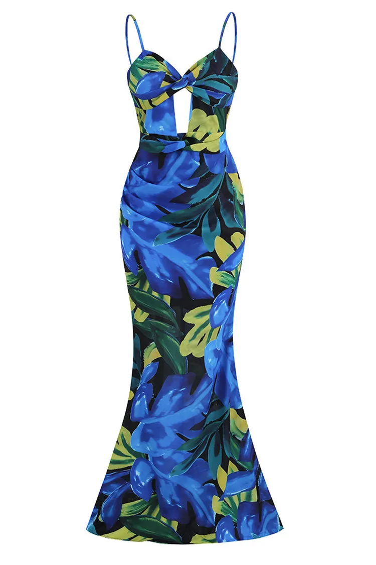 Tropical Twist Cutout Printed Fishtail Backless Beach Vacation Maxi Dress - Blue