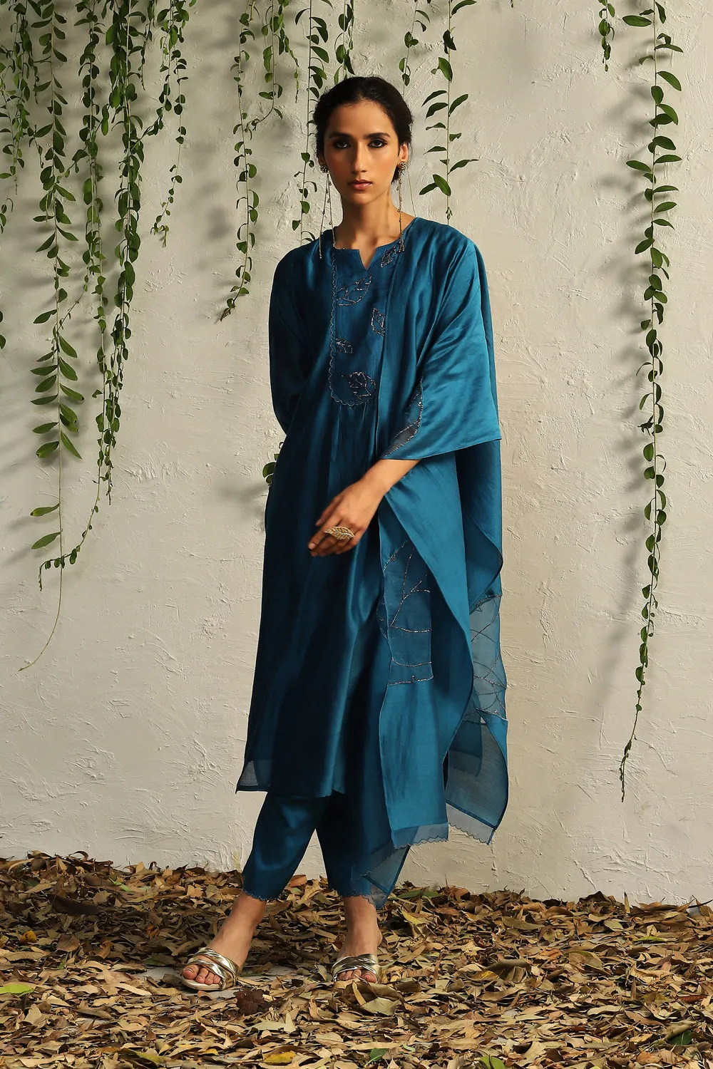 True Blue Chanderi Flowy Kurta Set- Set Of 3