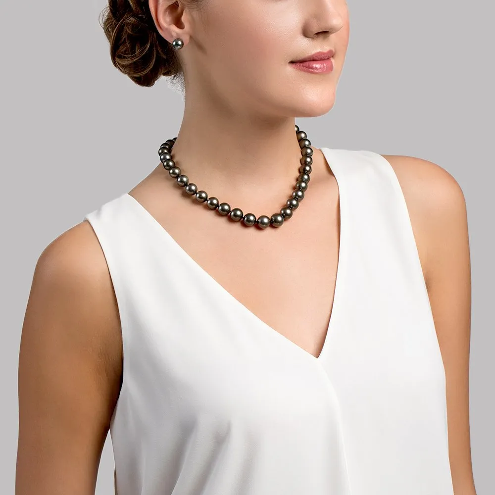 True Round Black Tahitian Pearl Necklace, 10.0-12.0mm - AAA Quality