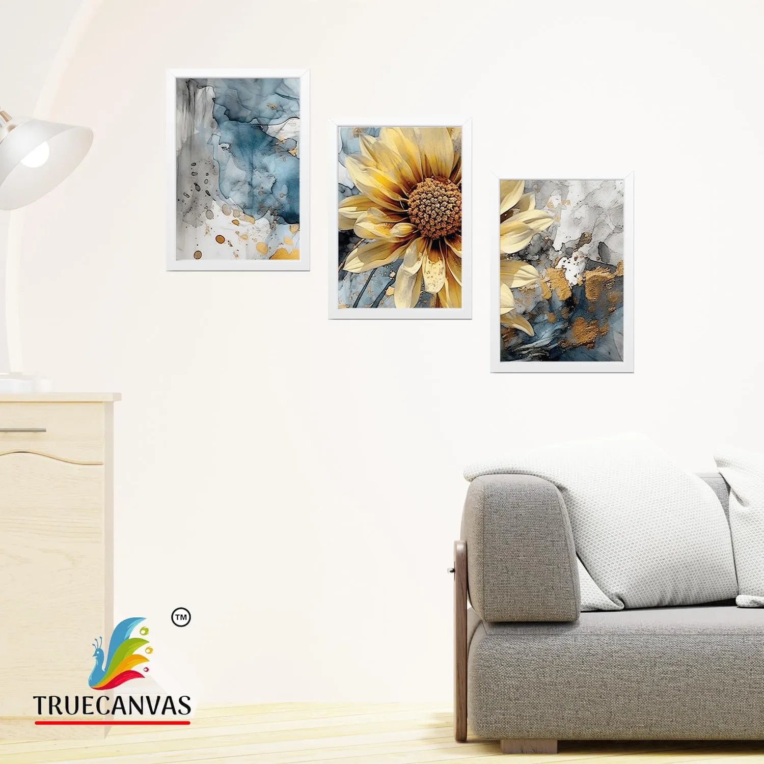 TRUECANVAS Abstract HD Print Painting Set of 3 With Frame for Home, Living Room Gallery & Office, White, Size - 13.50 x 19.50 inch, SF181