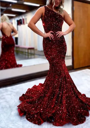 Trumpet/Mermaid One-Shoulder Sleeveless Long/Floor-Length Velvet Sequins Prom Dress