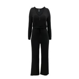 TTFN WOMEN'S LONG SLEEVE JUMPSUIT WITH HENLEY NECKLINE AND FLARED WIDE LEG