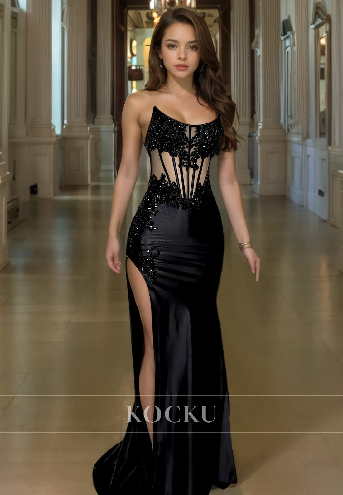 Tube Top Sleeveless Mermaid High Slit Stripe Satin Prom Dress with Sequins Appliques Formal Gown