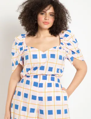 Tulip Sleeve Sweetheart Top in Checks And Balances