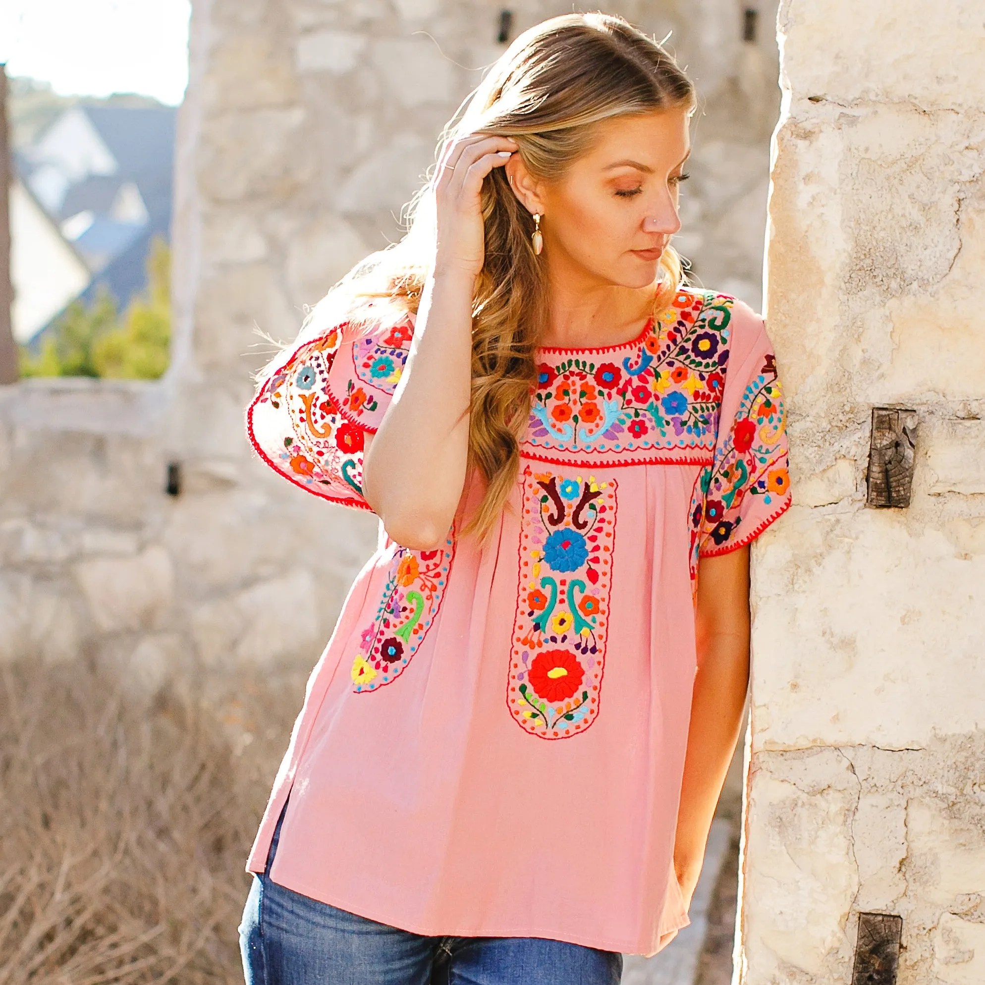 Tulipan Rose Blouse - Hand Embroidered by Mexican Artisans