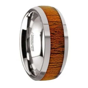 Tungsten Carbide Mahogany Wood Inlay Domed Wedding Ring with Polished Finish