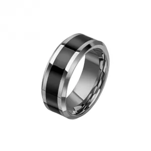 Tungsten With Black Enamel Stripe Ring R3860