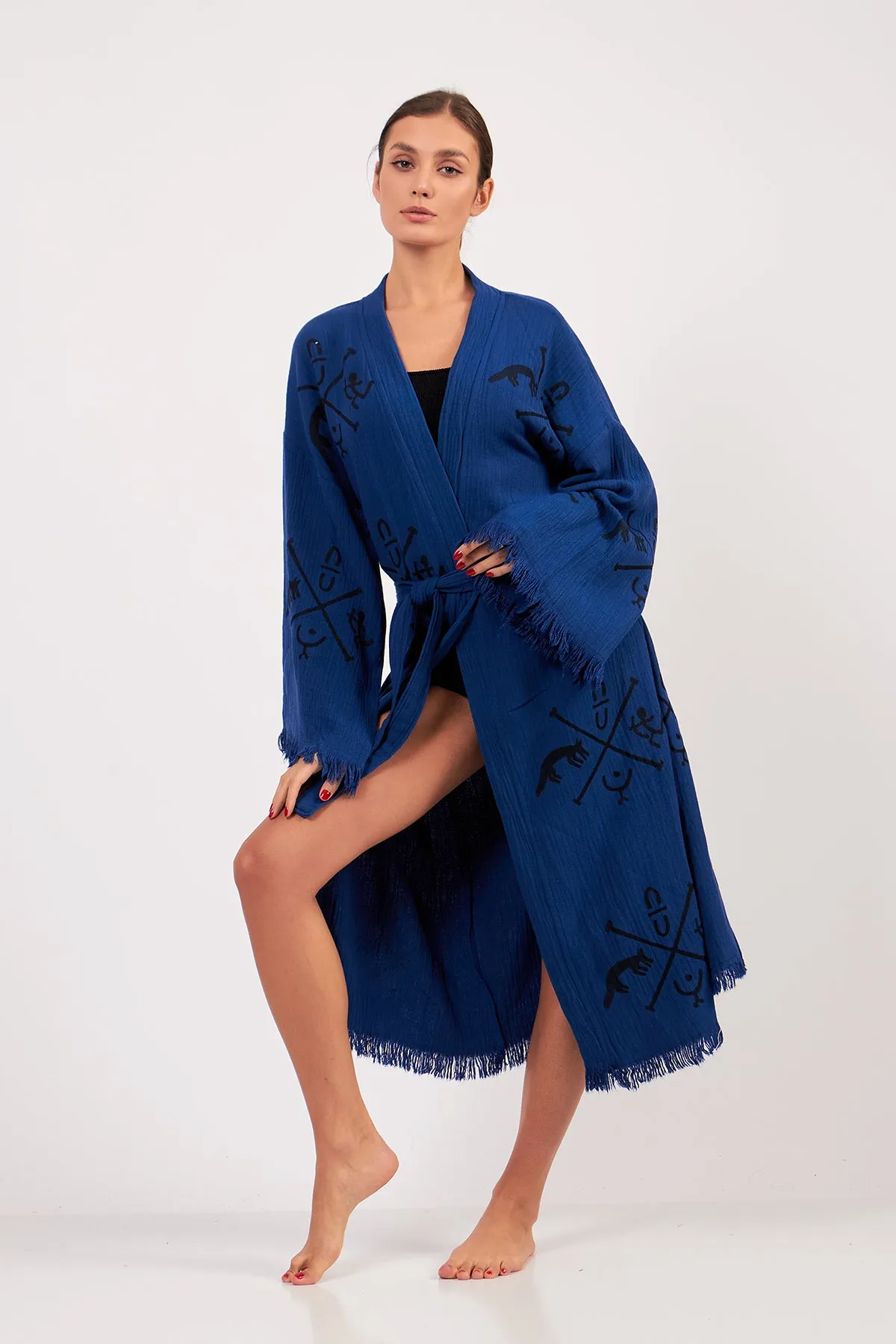 Turkish Towel Kimono Bathrobe Ancient Design Blue