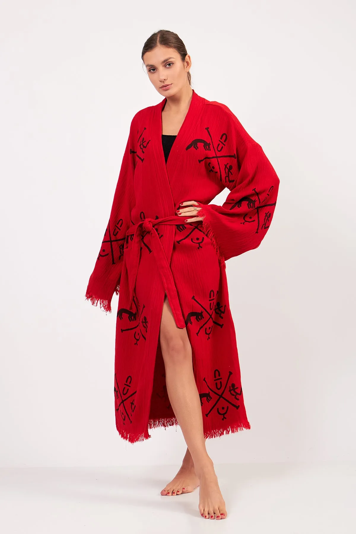 Turkish Towel Kimono Bathrobe Ancient Design Red