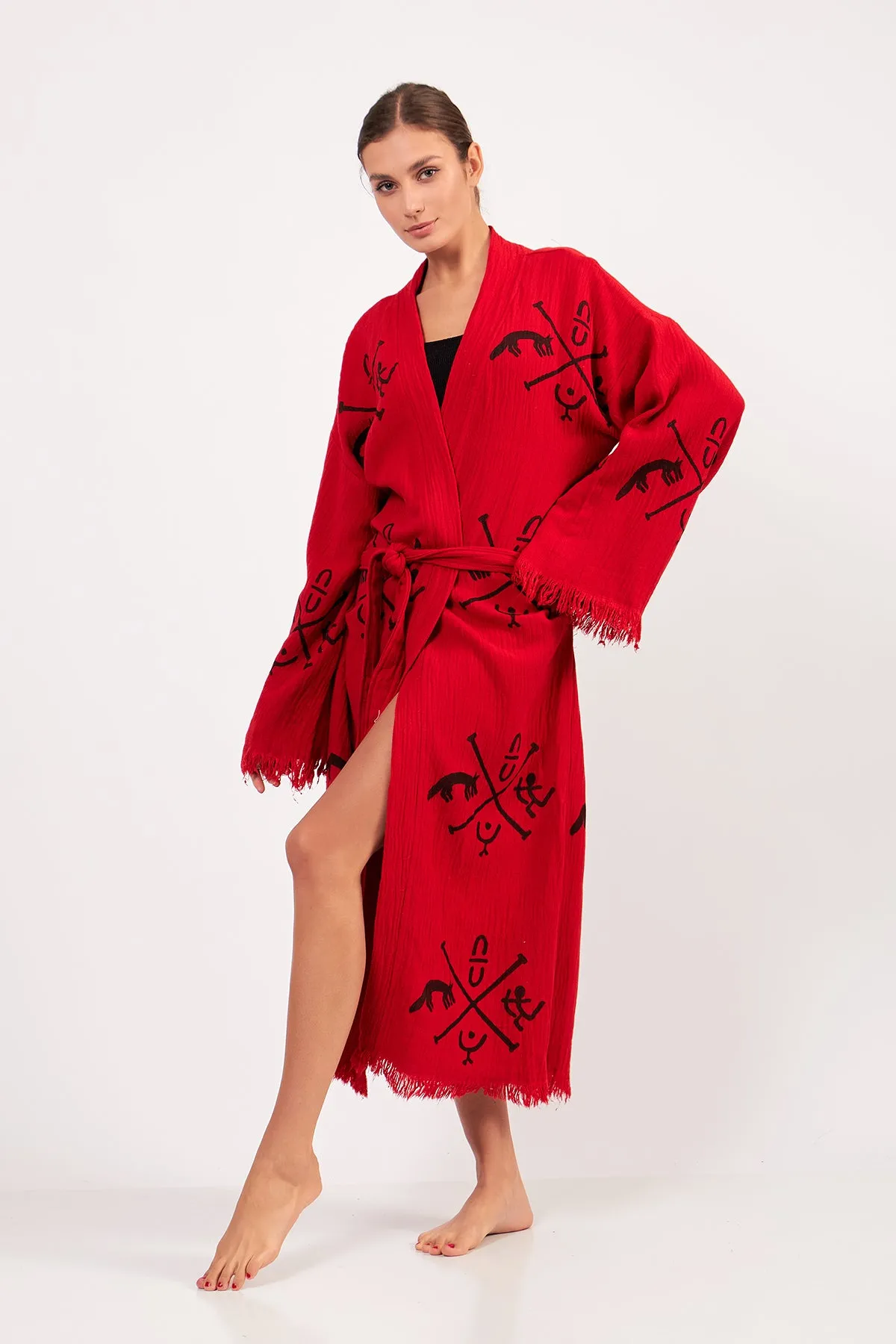 Turkish Towel Kimono Bathrobe Ancient Design Red