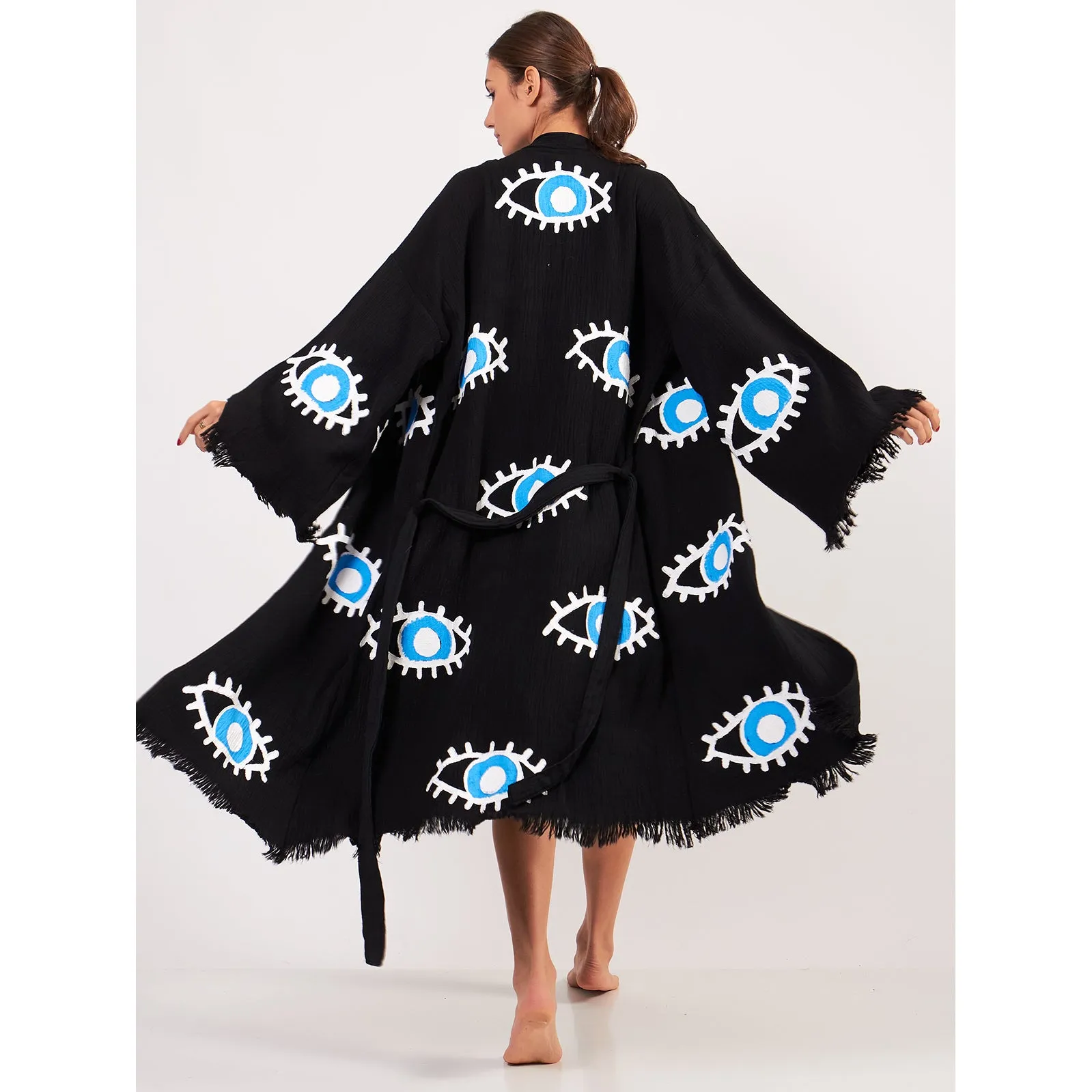 Turkish Towel Kimono Bathrobe Eye Design Black