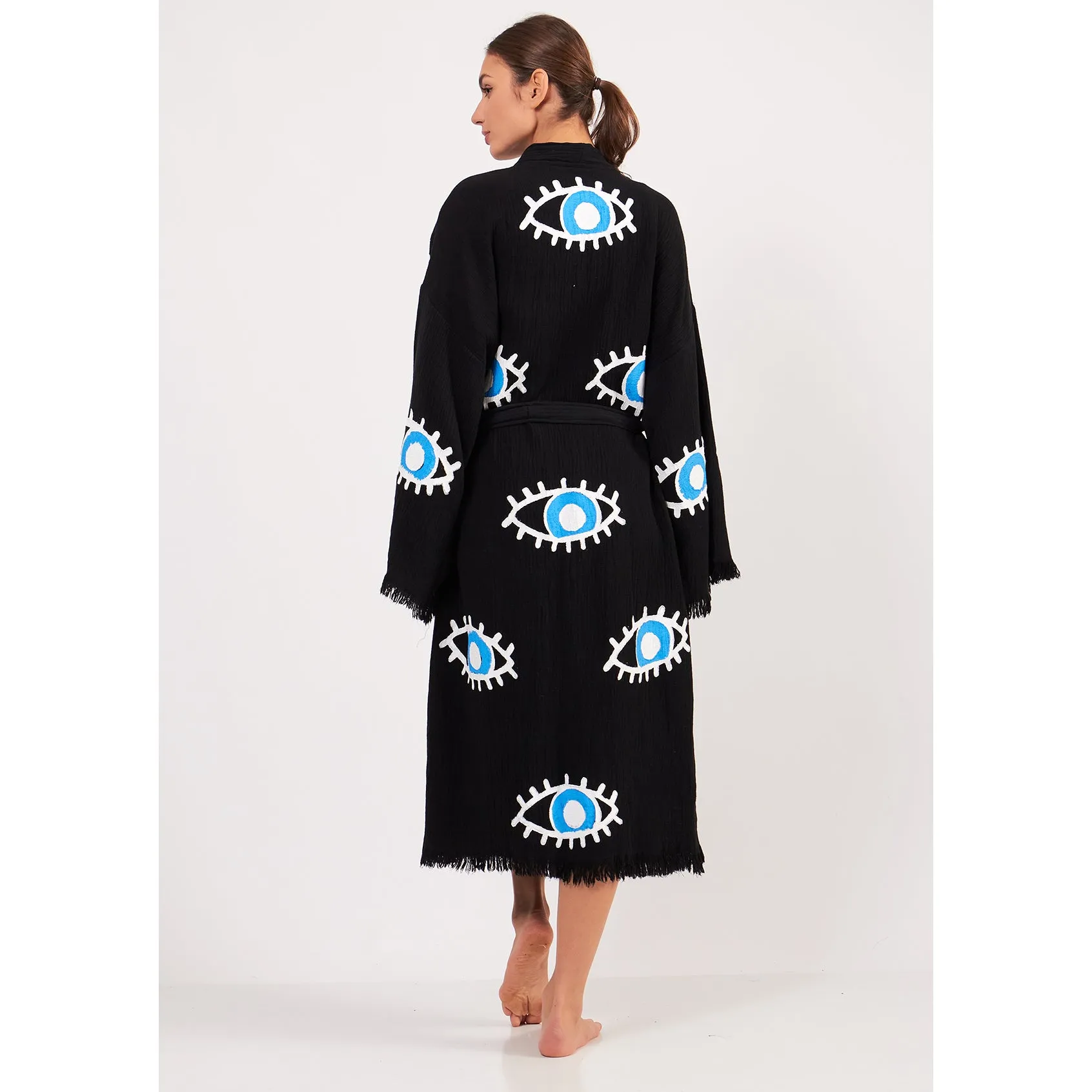 Turkish Towel Kimono Bathrobe Eye Design Black