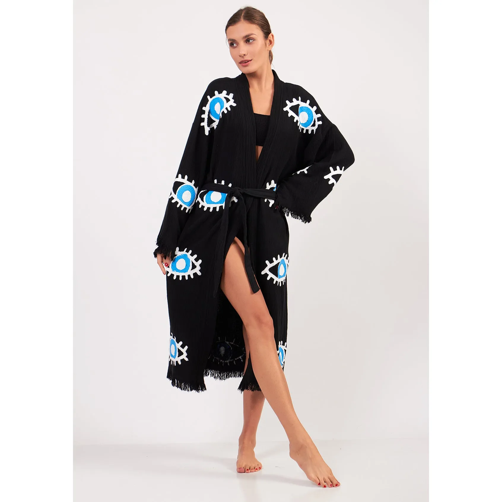 Turkish Towel Kimono Bathrobe Eye Design Black