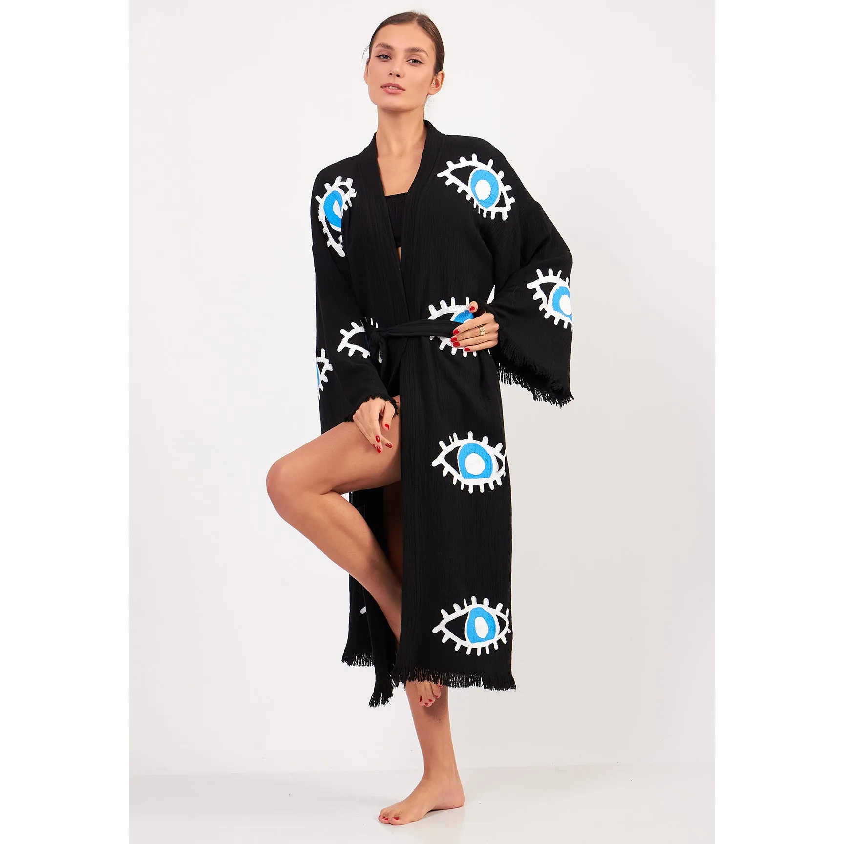 Turkish Towel Kimono Bathrobe Eye Design Black