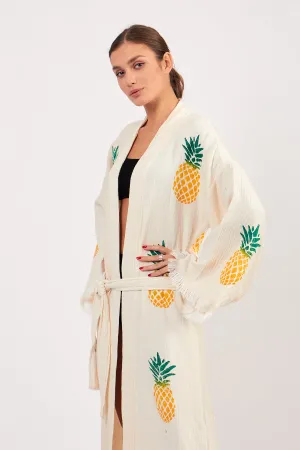 Turkish Towel Kimono Bathrobe Pineapple Design Ecru