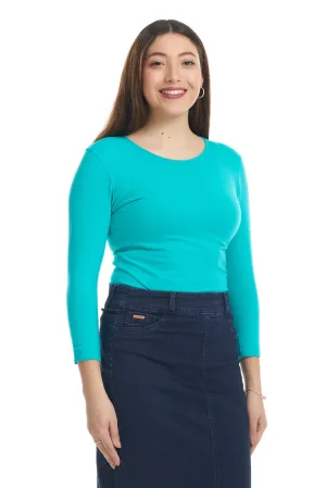 Turquoise 3/4 Sleeve Snug Fit Cotton Boat Neck Layering Shirt for Women