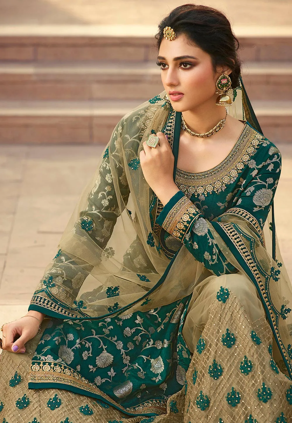 Turquoise And Beige Embroidered Gharara Style Suit