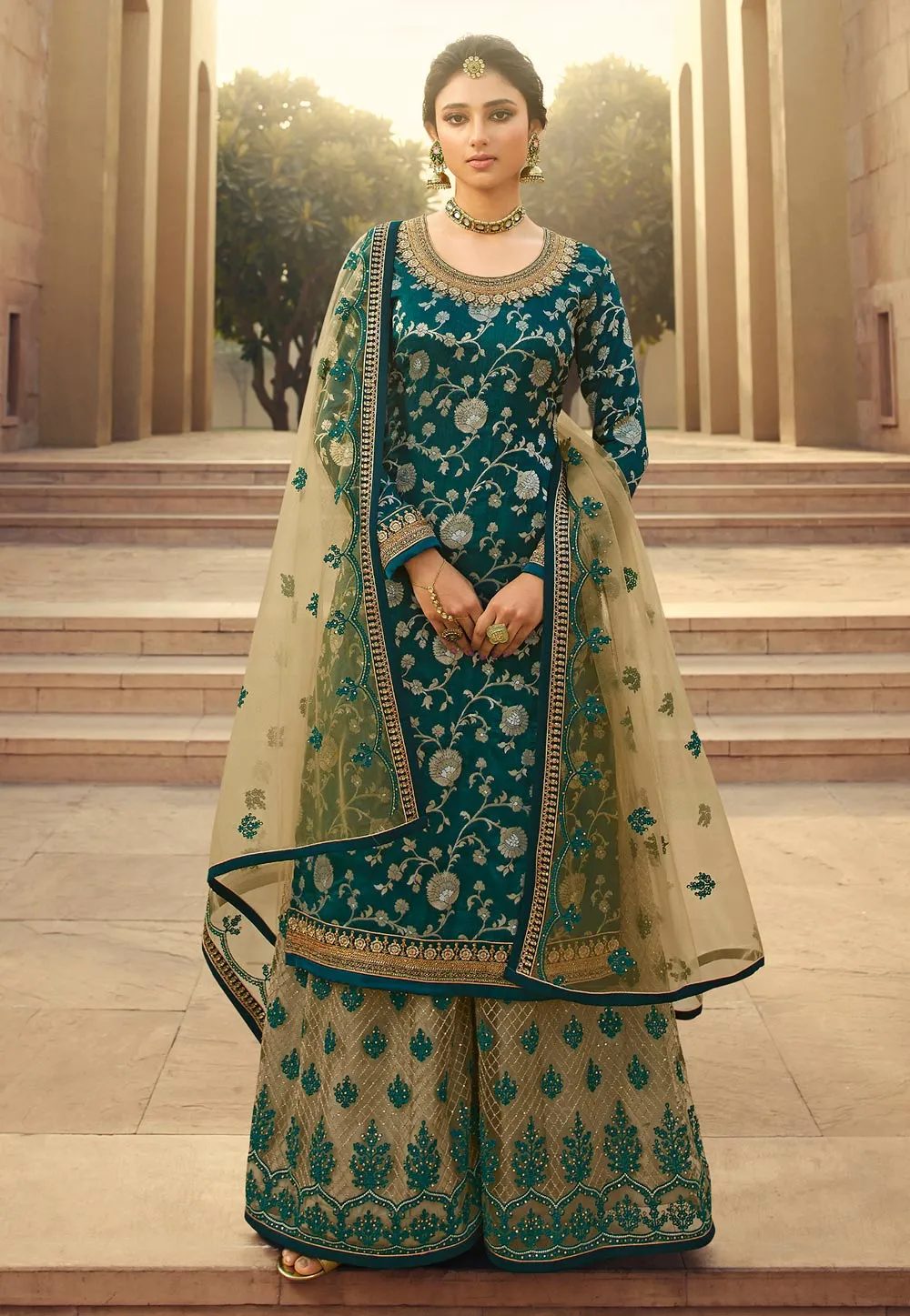 Turquoise And Beige Embroidered Gharara Style Suit