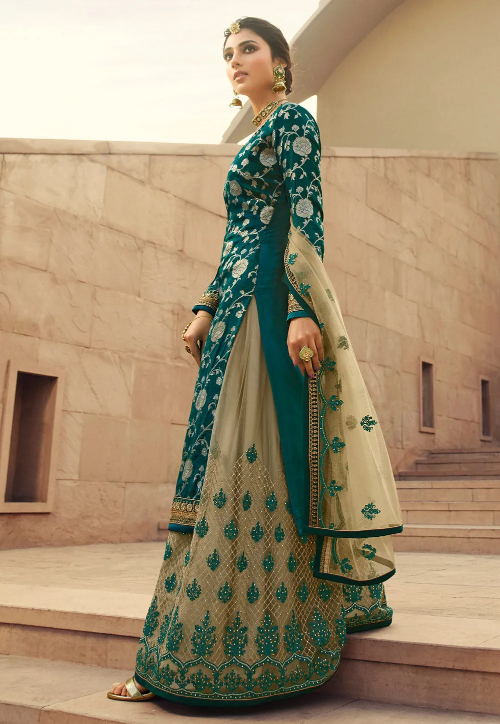 Turquoise And Beige Embroidered Gharara Style Suit