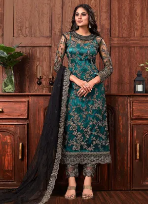 Turquoise And Black Embroidered Designer Pants Suit