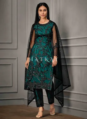 Turquoise And Black Embroidered Pant Suit