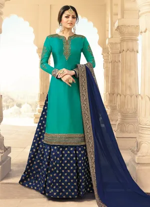 Turquoise And Blue Embroidered Lehenga Kurti Set