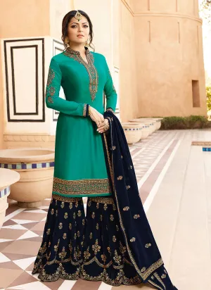 Turquoise And Blue Embroidered Pakistani Gharara Suit