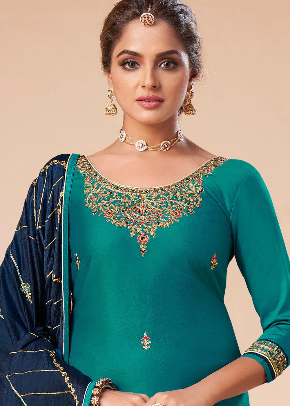 Turquoise And Blue Embroidered Salwar Suit