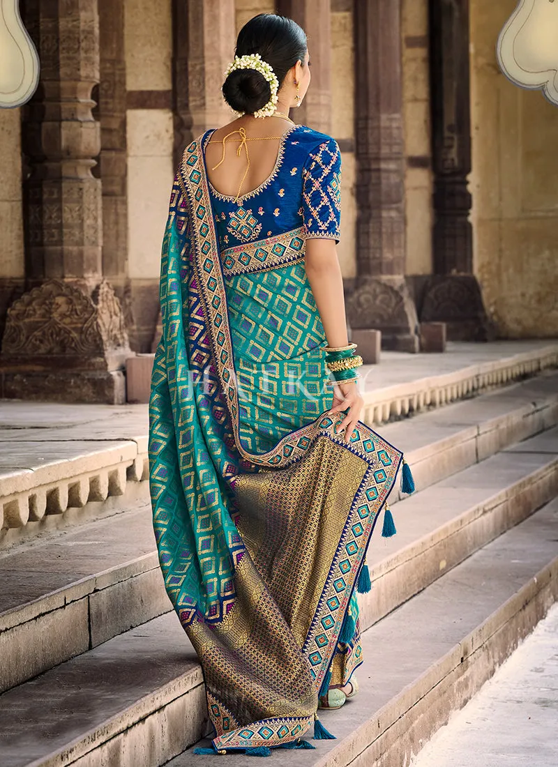 Turquoise And Blue Embroidered Silk Saree