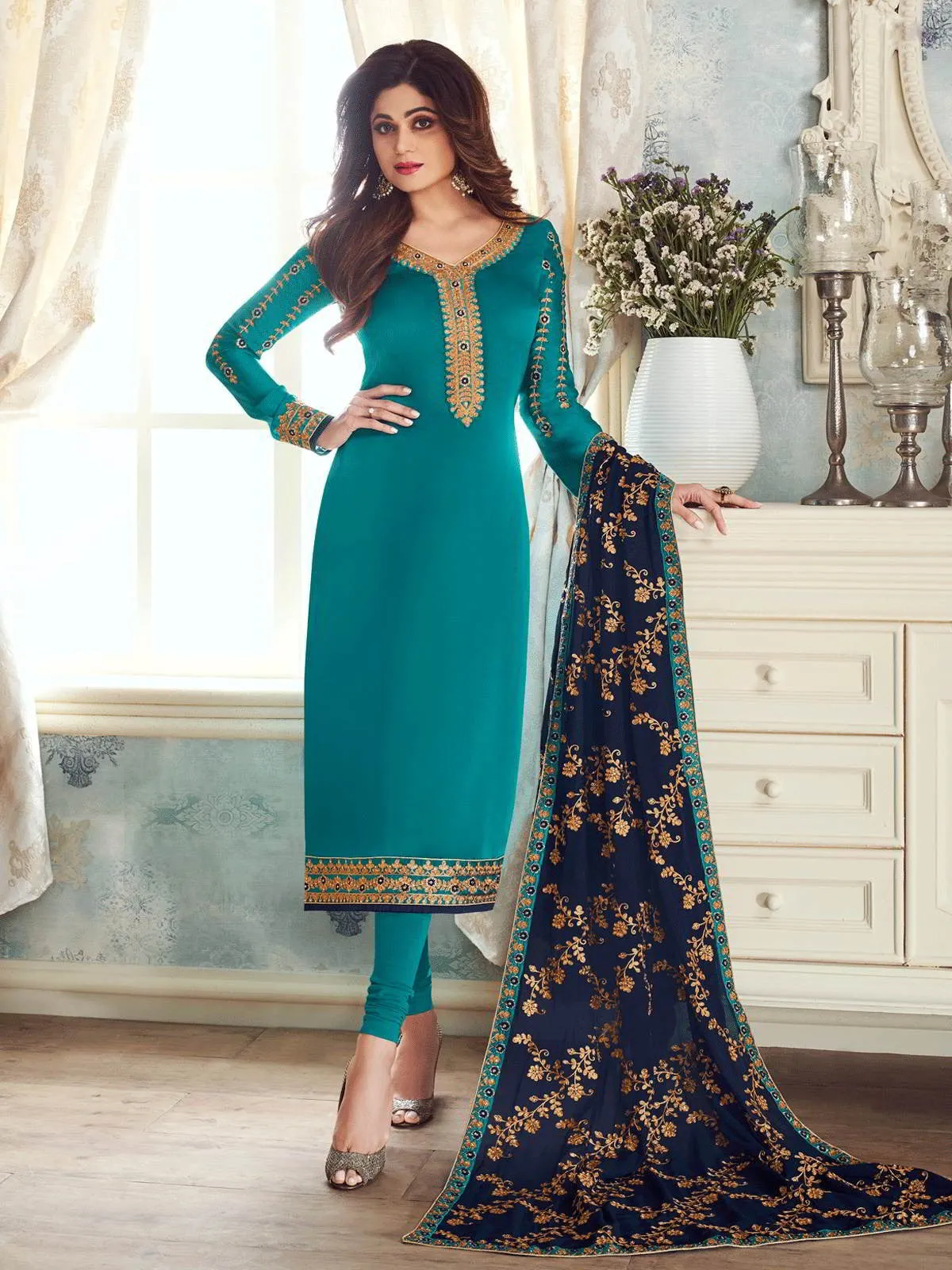 Turquoise And Blue Ethnic Embroidered Churidar Suit